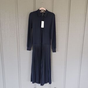 ME And Em Pleated Skirt Midi Shirt Dress Size 2 Women Long Sleeve Button In Navy
